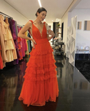 Deep V Neck Orange A Line Prom Dress HZ1023