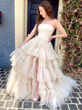 A-Line Strapless Tulle Long Prom Dress with Tiered Ruffles HZ1023