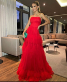 Strapless Red Tulle Long Evening Dress Sleeveless Formal Prom Dress HZ1023