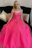 Open Back Hot Pink Tulle Lace Long Prom Dresses, Hot Pink Lace Formal Graduation Evening Dresses HZ1023