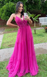 Spaghetti Straps V Neck A Line Prom Dress Tulle Evening Party Dress HZ1023