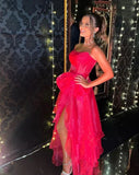 Hot pink sweet elegant bow strapless organza tiered long evening gown formal prom dress party dress HZ1023