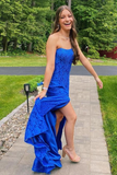 Strapless Royal Blue Lace Prom Dress with Slit HZ1023
