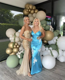 Spaghetti strap blue satin long ball gown evening dress HZ1023