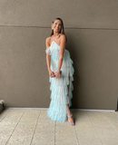 Halter Ruffles Tulle Prom Dress with Slit, Charming Long Party Dress HZ1023