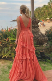 Orange fashion V-neck A-line tiered long elegant chiffon ruffle side slit ball gown evening dress wedding guest party dress HZ1023