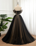 Black And Champagne Off Shoulder Long Formal Dress, A-line Prom Dress HZ1023