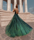 Spaghetti Straps Green Shiny Prom Dress A Line Evening Gown HZ1023