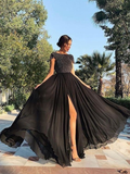Black Round Neck Short-sleeved Chiffon Big Swing Dress Long Dress Evening Dress HZ1023