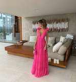 Pink backless deep V neck long prom dress A-line evening gown HZ1023