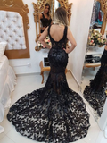 Black Long Mermaid V-neck Straps Lace Mermaid Prom Dress HZ1023