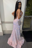 Pink Iridescent Sequin Lace-Up Mermaid Long Prom Dress HZ1023
