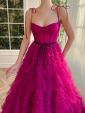 A Line Strapless Fuchsia Tiered Long Tulle Prom Dress HZ1023