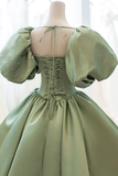 Green Satin Puff Sleeves Long Prom Dress, Green A-Line Formal Dress HZ1023