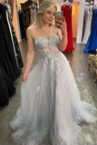 Grey Strapless Appliques A-line Tulle Long Prom Dress HZ1023