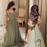 Beautiful Long Green A-line Off-the-shoulder Sequined Beading Prom HZ1023