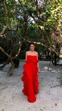 Red/Yellow a-line ruffled long Chiffon ball gown prom dress evening dress wedding guest party dress HZ1023
