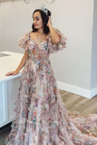 Princess A-Line Floral Corset Long Prom Dress with Balloon Sleeves HZ1023