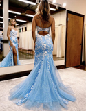 Mermaid Spaghetti Straps Lace Tulle Prom Dress with Slit HZ1023