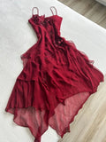 Burgundy red applique spaghetti straps elegant and charming A-line long ruffled chiffon ball gown evening dress party dress HZ1023