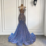 Light blue luxury gorgeous sparkling exquisite beading long floor-length ball gown mermaid slim silver crystal evening dress HZ1023