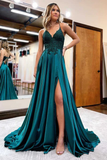 A Line V Neck Green Beaded Lace Long Prom Dress with High Slit, Open Back Green Formal Graduation Evening Dress HZ1023