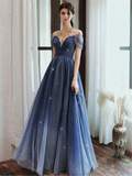 Starry Blue Prom Dress Off Shoulder Floral Event Dress Sparkling Long Party Dress Aline Event Dress Gradient Long Dress Fairy Glitter Dress HZ1023