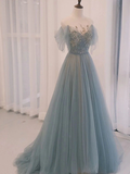 A-Line Scoop Neckline Tulle Gray Blue Long Prom Dress with Sequin HZ1023