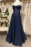 Princess Navy Sequin Tie-Strap A-Line Prom Dress HZ1023