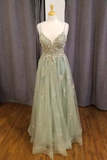 Sage Green Floral Appliques Straps A-Line Prom Dress HZ1023