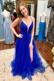 V Neck Backless Blue Tulle Long Prom Dresses with High Slit, Backless Blue Formal Graduation Evening Dresses HZ1023