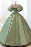 Green Satin Puff Sleeves Long Prom Dress, Green A-Line Formal Dress HZ1023