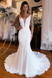 Simple White Mermaid Backless Boho Wedding Dress HZ1023