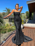 Shiny Mermaid Backless Spaghetti Straps Long Prom Dresses HZ1023