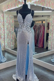 Straps Light Blue Elegant Sheath Evening Dresses Sequins Appliques Long Prom Dresses HZ1023