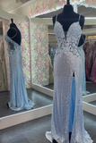 Straps Light Blue Elegant Sheath Evening Dresses Sequins Appliques Long Prom Dresses HZ1023