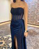 Mermaid Navy Strapless Prom Dresses Beaded Evening Dress HZ1023