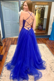 V Neck Backless Blue Tulle Long Prom Dresses with High Slit, Backless Blue Formal Graduation Evening Dresses HZ1023