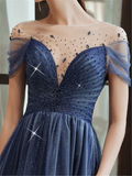 Starry Blue Prom Dress Off Shoulder Floral Event Dress Sparkling Long Party Dress Aline Event Dress Gradient Long Dress Fairy Glitter Dress HZ1023