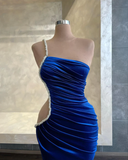 Charming mermaid halter royal blue velvet elegant sexy long slit ball gown evening dress HZ1023