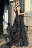 A Line V Neck Black Lace Long Prom Dresses, Black Lace Formal Dresses, Black Evening Dresses HZ1023