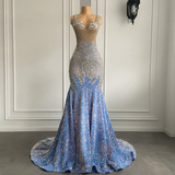 Light blue luxury gorgeous sparkling exquisite beading long floor-length ball gown mermaid slim silver crystal evening dress HZ1023
