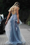 Stunning Dsuty Blue Tulle Long Formal Dress with Appliques HZ1023