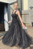 A Line V Neck Black Lace Long Prom Dresses, Black Lace Formal Dresses, Black Evening Dresses HZ1023