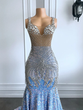 Light blue luxury gorgeous sparkling exquisite beading long floor-length ball gown mermaid slim silver crystal evening dress HZ1023