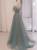 A-Line Scoop Neckline Tulle Gray Blue Long Prom Dress with Sequin HZ1023