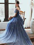 Starry Blue Prom Dress Off Shoulder Floral Event Dress Sparkling Long Party Dress Aline Event Dress Gradient Long Dress Fairy Glitter Dress HZ1023