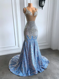 Light blue luxury gorgeous sparkling exquisite beading long floor-length ball gown mermaid slim silver crystal evening dress HZ1023
