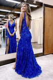 Mermaid V Neck Sequined Lace Prom Dress with Slit HZ1023