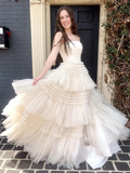 A-Line Strapless Tulle Long Prom Dress with Tiered Ruffles HZ1023